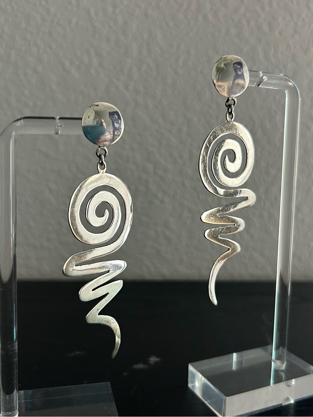XL Spiral Squiggle Dangle Sterling Silver Statement Earrings - Vintage 1970s - Picture 1 of 9